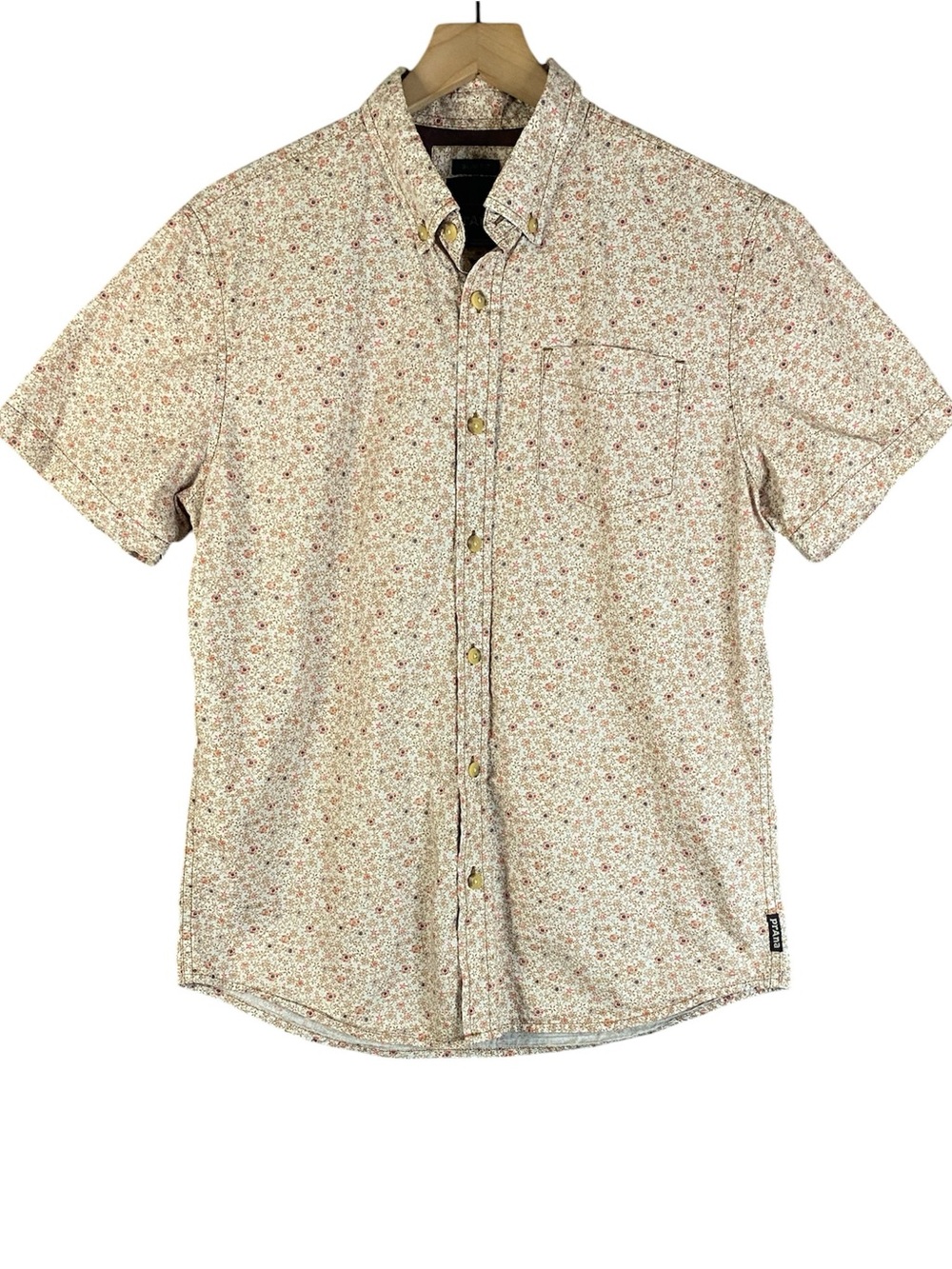 Prana Men’s Slim Fit Short Sleeve Button Up Tan and Orange Floral Shirt Size M